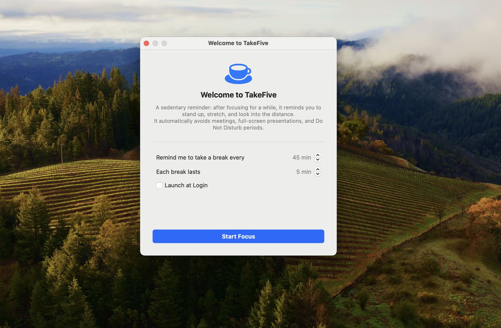 TakeFive welcome window on macOS